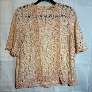 LOFT Light Pink Short Sleeve Lace Sheer Top with Back Keyhole - Size L
